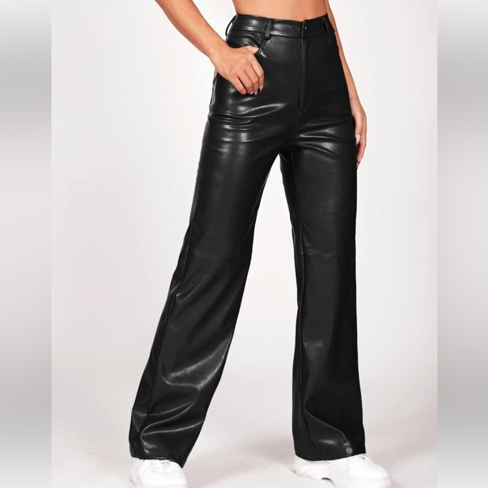 Solid Leather Straight Leg Pants